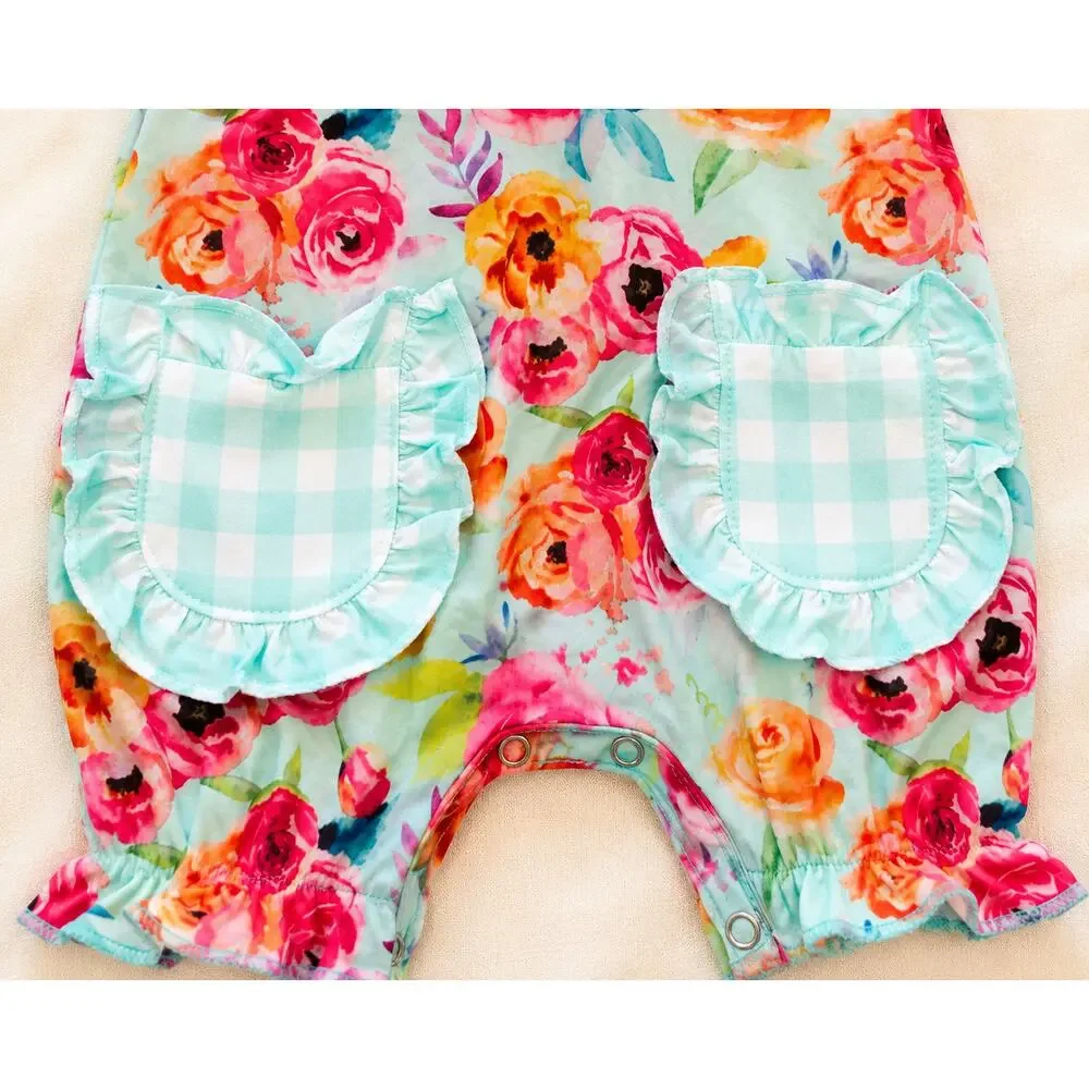 Clover Cottage 0-6M Baby Girl Floral Ruffle Romper Gingham Pockets Boutique